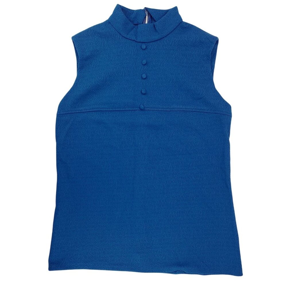 Vintage Handmade Sleeveless Blue High Neck Textured Top Polyester Women Medium